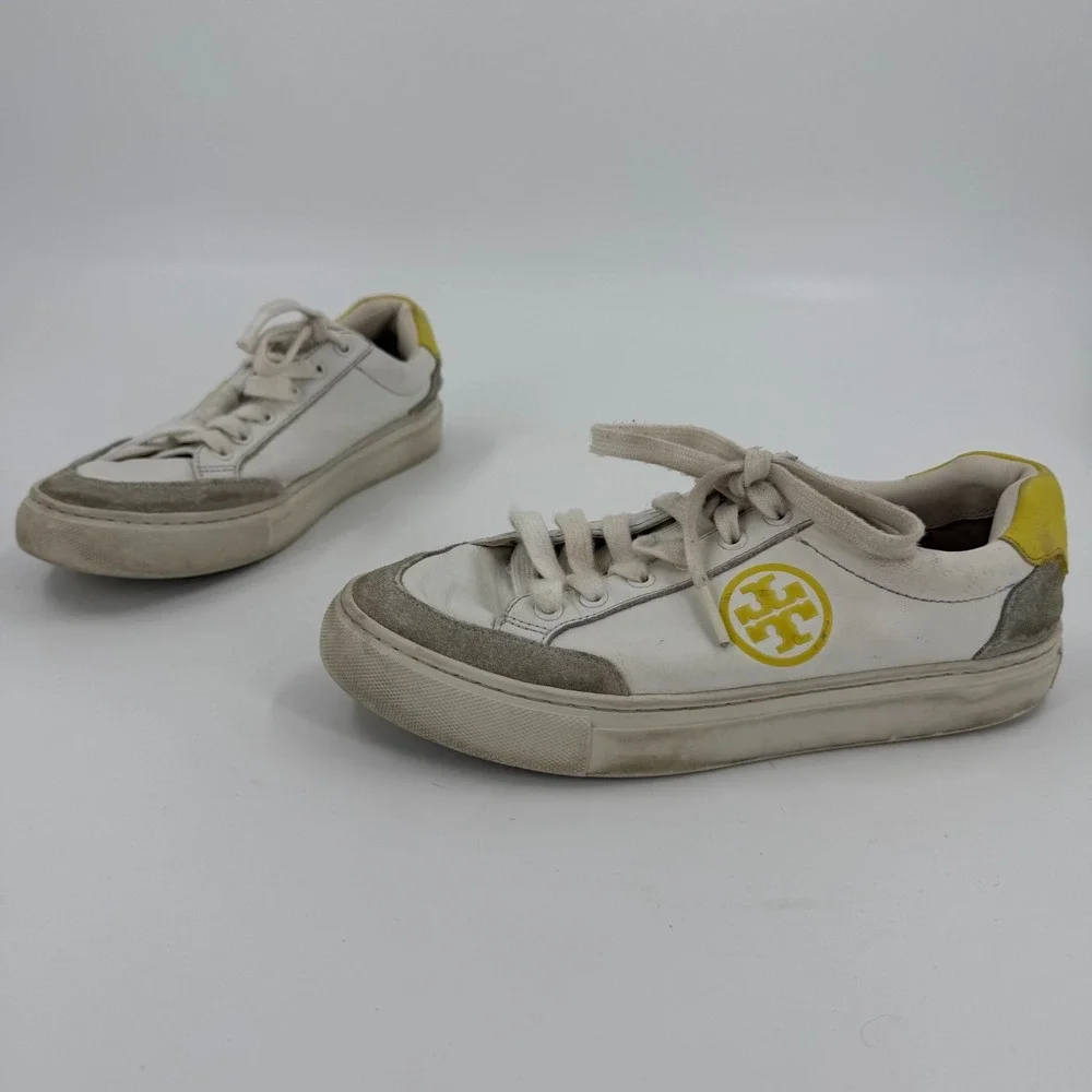 Tory Burch Bari Nappa Sneakers Womens 7 White Gray Leather Athletic Lace Up